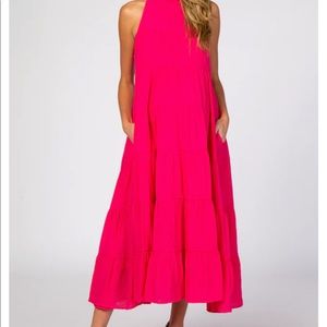 Fuchsia Tiered High Neck Maternity Maxi Dress
